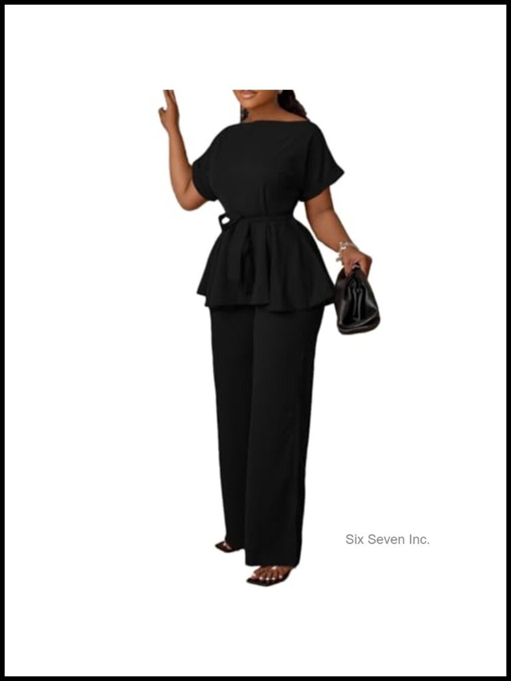 2 Piece Peplum Top & High Waisted Flared Pants Set Polyester Spandex Office